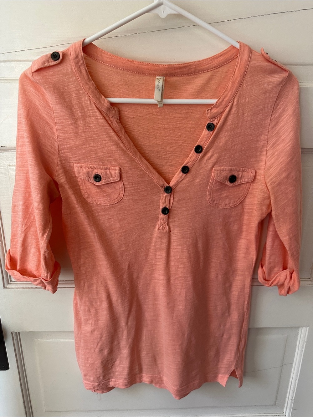 Coral Pink Safari V-Neck Button Henley Military Pockets Roll-Tab Sleeves Cotton